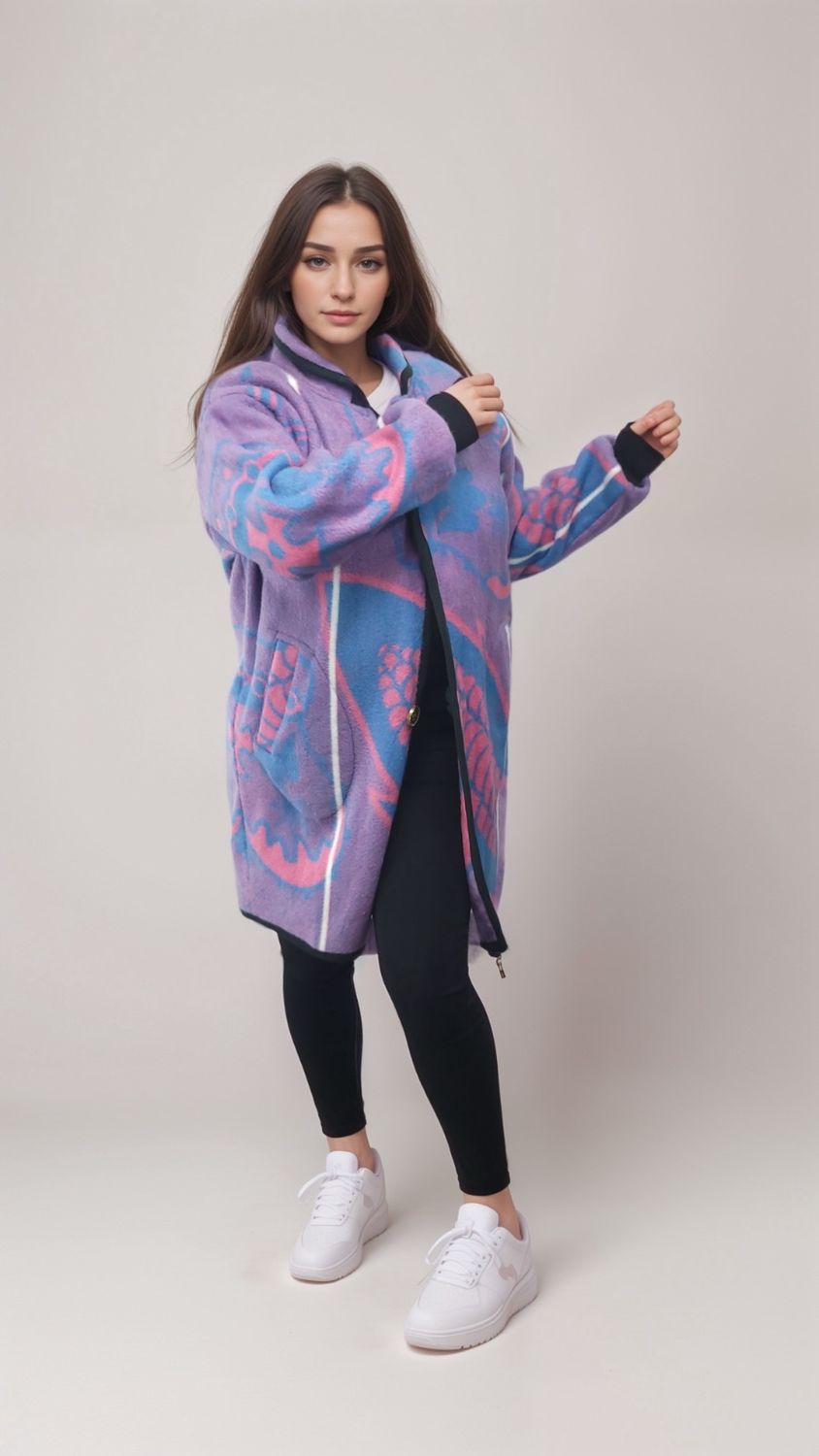 Young woman in a vibrant purple and blue patterned coat poses confidently. She wears black leggings and white sneakers, against a neutral backdrop.