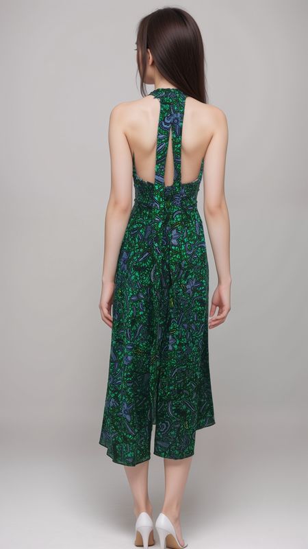 A woman standing against a plain background, wearing a sleeveless, green and blue patterned dress. She exudes a calm demeanor and is wearing white shoes.