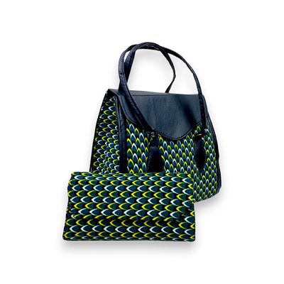 A handbag and wallet set with a vibrant peacock feather design in blue, yellow, and green. The black accents provide a sleek, elegant contrast.