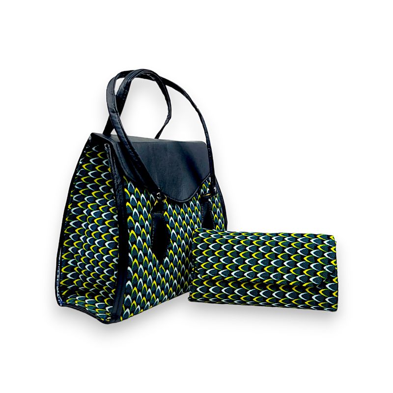 A handbag and wallet set with a vibrant peacock feather design in blue, yellow, and green. The black accents provide a sleek, elegant contrast.
