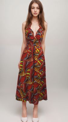 Woman in colorful, patterned sleeveless dress with red, yellow, and black swirls stands against a neutral background, wearing white shoes. Casual and confident.