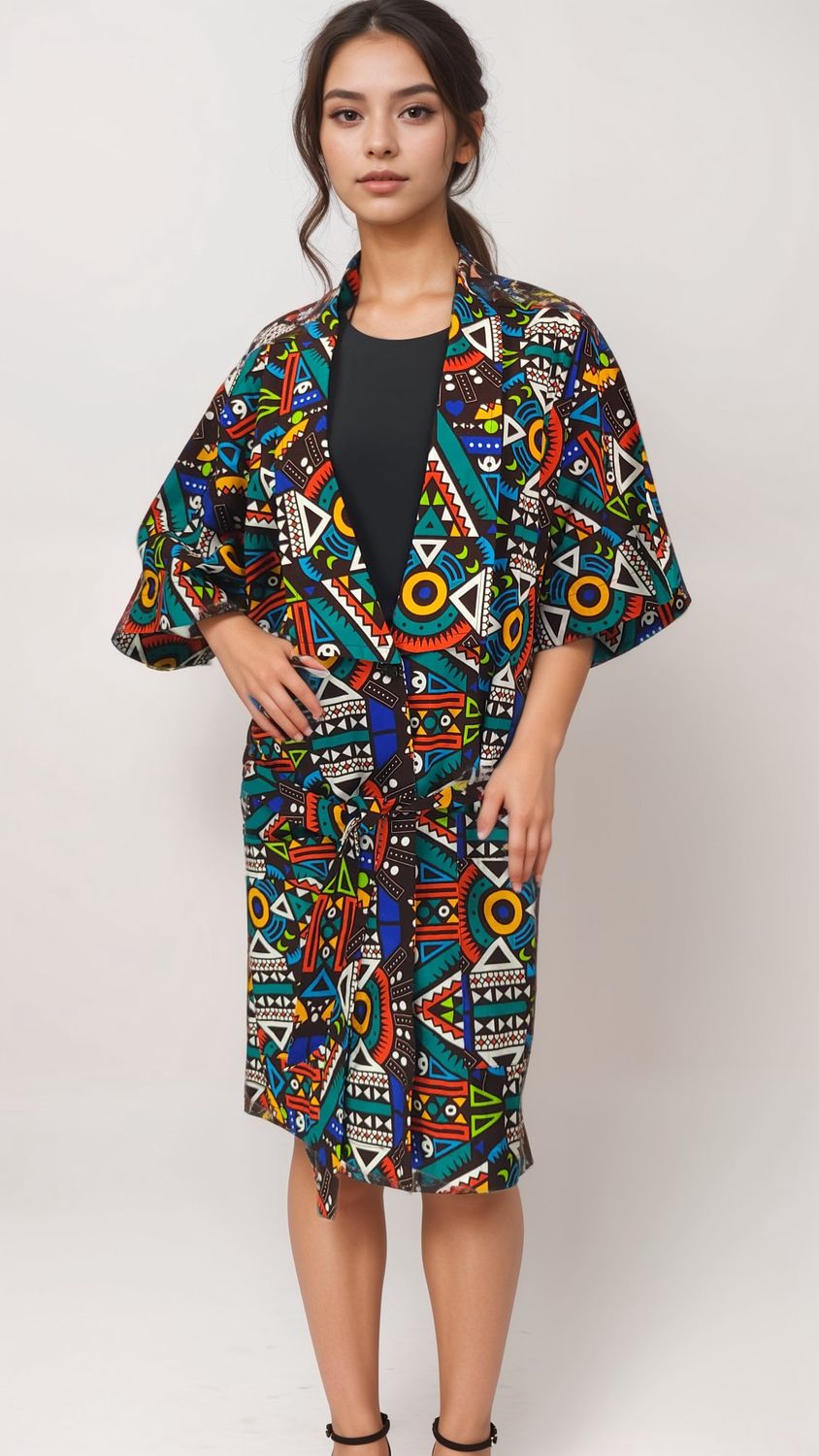 A woman wearing a colorful, geometric-patterned coat looks confidently at the camera. The coat features vibrant triangles and circles on a dark background.