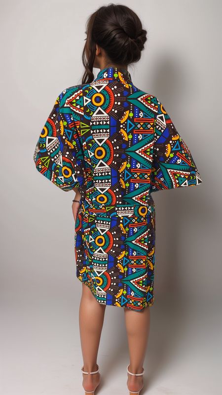 A woman wearing a colorful, geometric-patterned coat looks confidently at the camera. The coat features vibrant triangles and circles on a dark background.