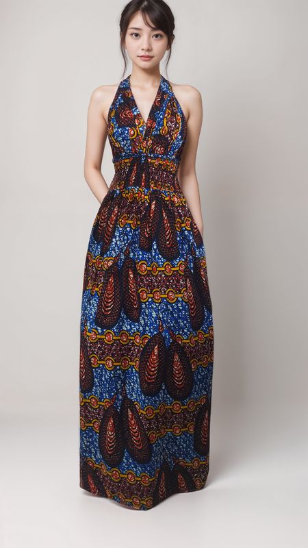 A woman in a vibrant maxi dress with a colorful abstract pattern stands against a plain background. She exudes elegance and confidence, hands in pockets.