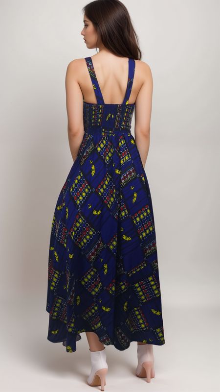 A woman in a vibrant blue maxi dress with colorful geometric patterns stands against a plain background, exuding a calm and confident expression.