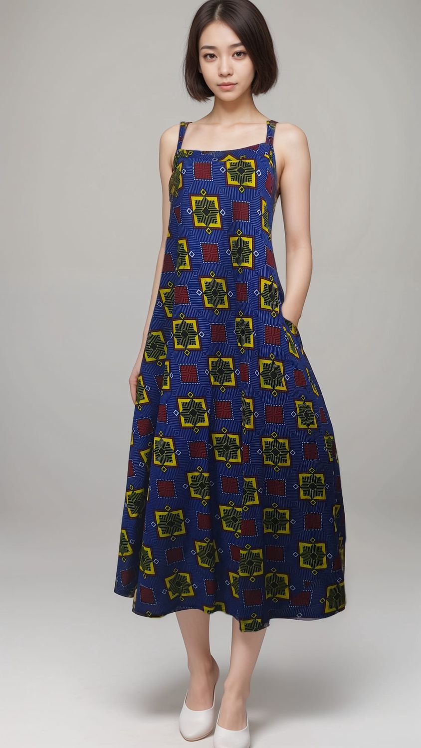 A woman in a sleeveless blue dress with vibrant geometric patterns stands confidently. Her expression is calm, and she wears white shoes.