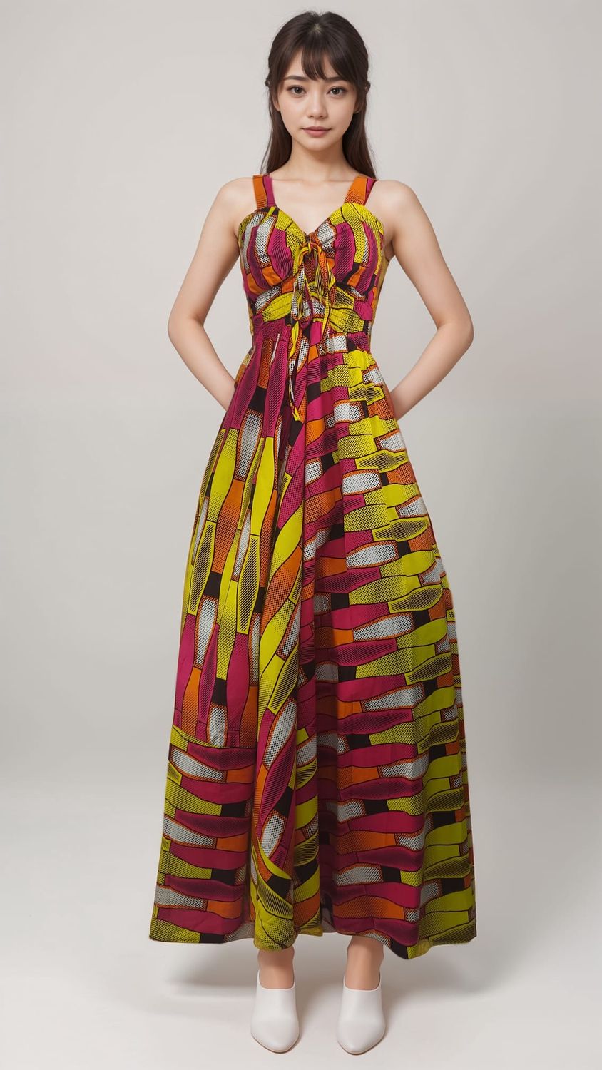 Woman wearing a vibrant maxi dress with geometric patterns in red, yellow, and orange hues. The dress has thin straps and a fitted bodice.