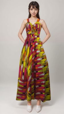 Woman wearing a vibrant maxi dress with geometric patterns in red, yellow, and orange hues. The dress has thin straps and a fitted bodice.