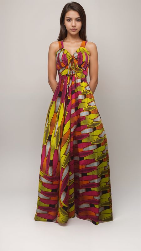 Woman wearing a vibrant maxi dress with geometric patterns in red, yellow, and orange hues. The dress has thin straps and a fitted bodice.
