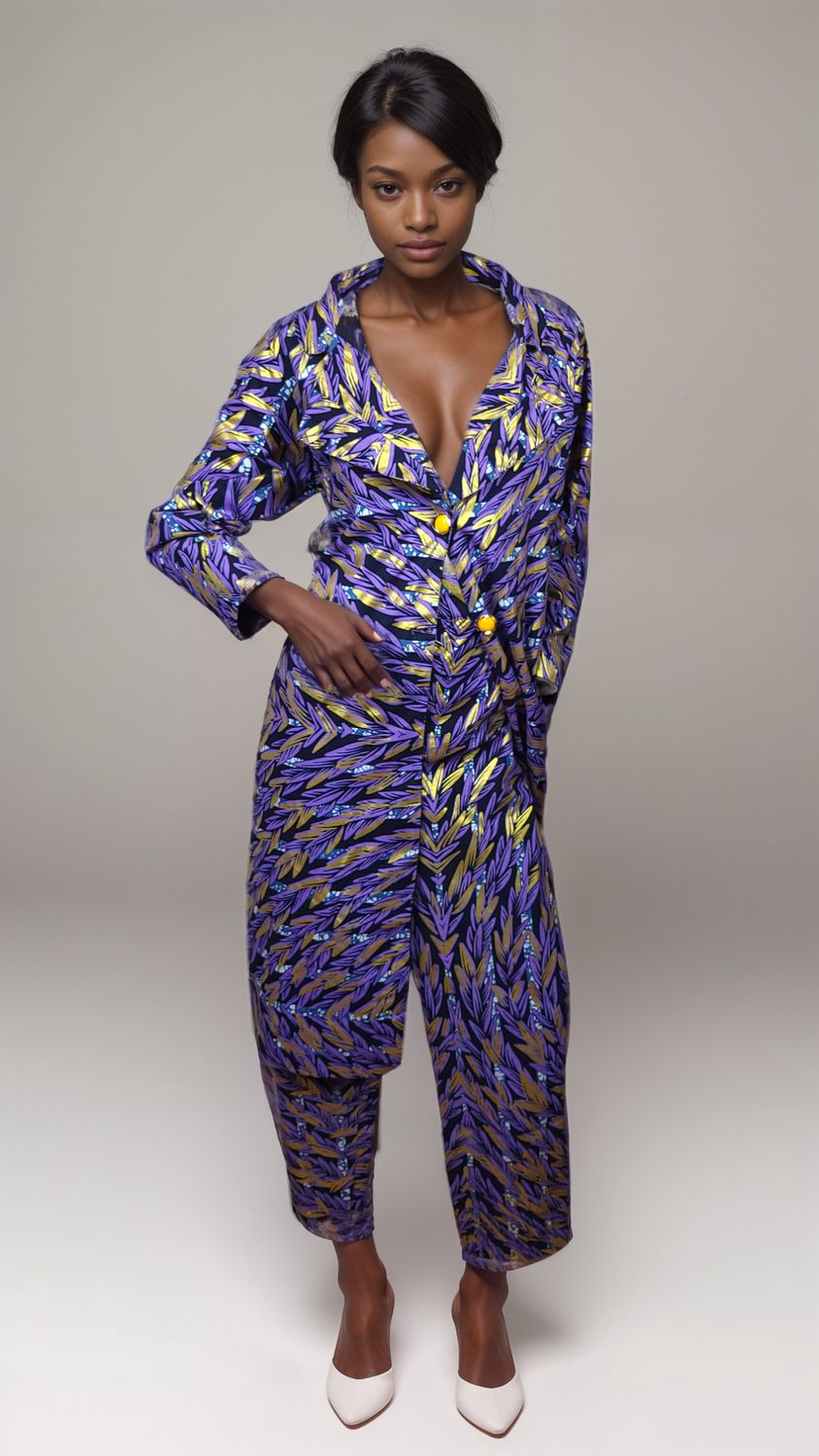 Woman in a vibrant purple and gold patterned jumpsuit with yellow buttons poses confidently against a light gray background, wearing white heels.