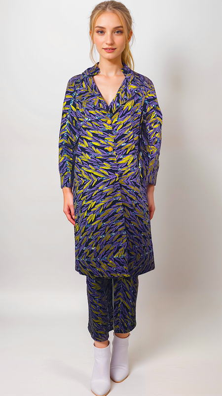 Woman in a vibrant purple and gold patterned jumpsuit with yellow buttons poses confidently against a light gray background, wearing white heels.