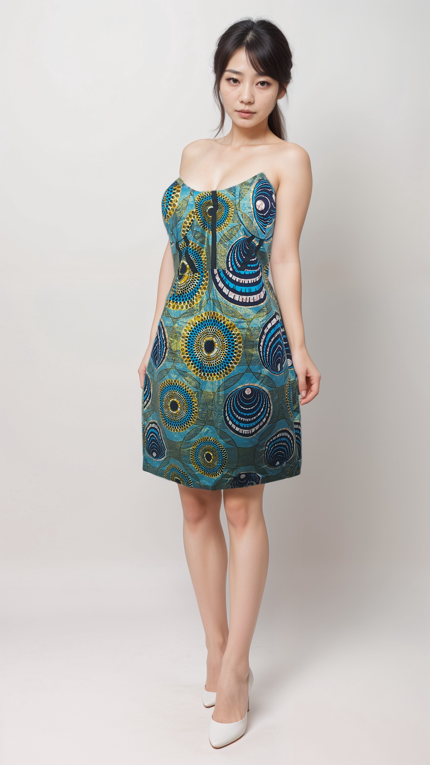 Woman in a colorful, patterned dress with circular motifs poses against a plain background. She appears confident, wearing white heels.