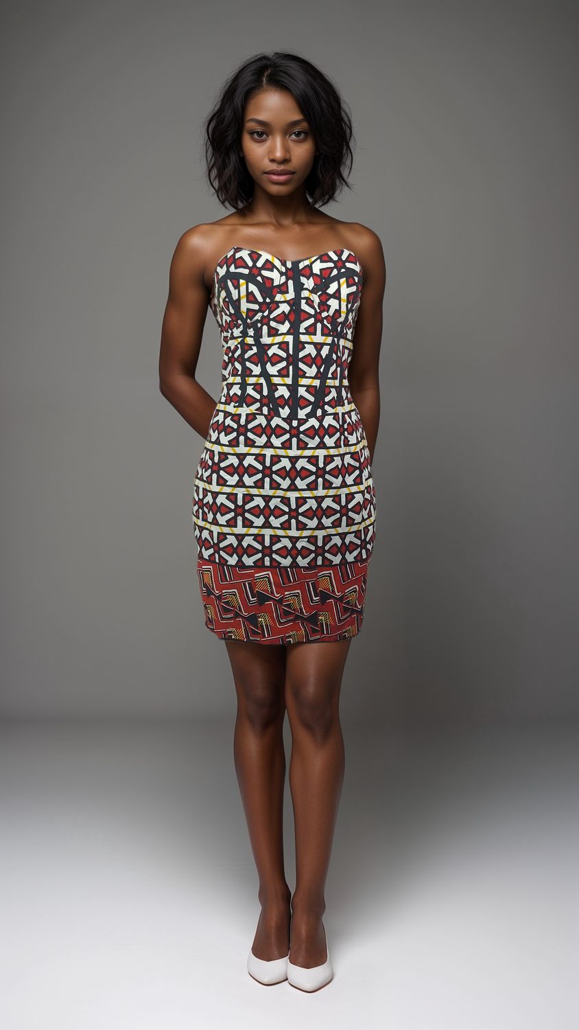 A woman stands confidently wearing a strapless dress adorned with geometric patterns and shades of red, black, and white, paired with white heels.