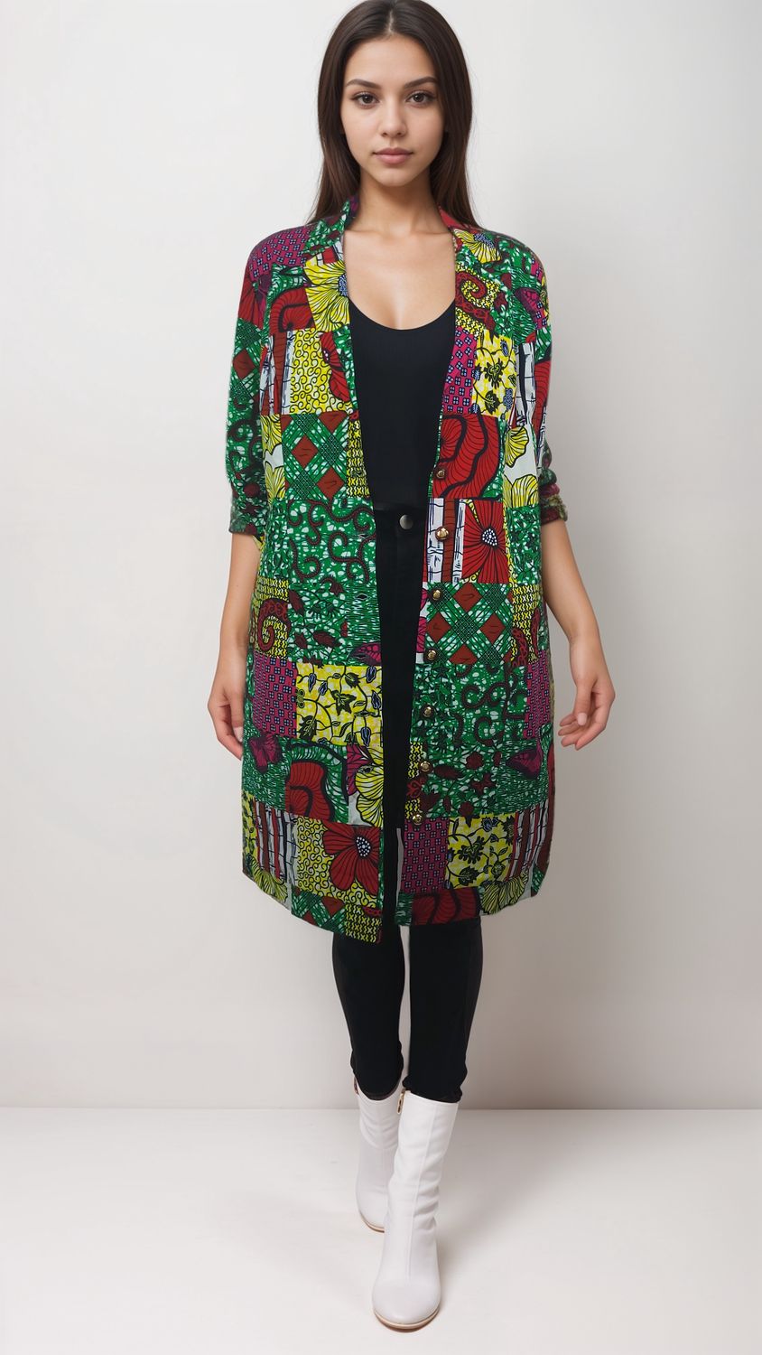 A model showcases a vibrant patchwork African print coat, featuring a mix of bold colors and intricate patterns.