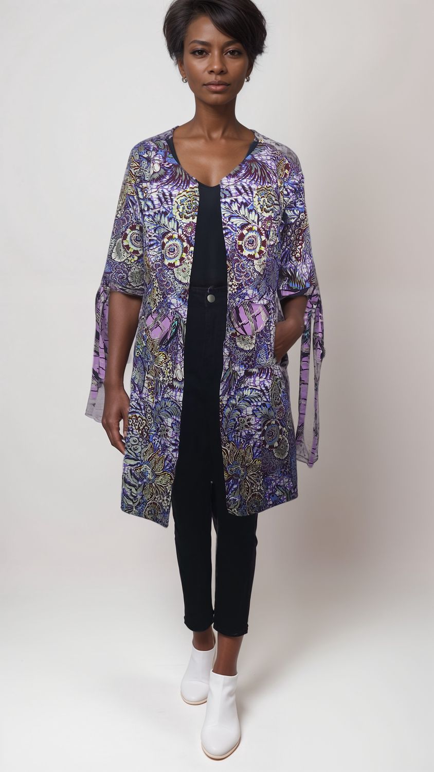 A woman stands confidently wearing a colorful, patterned kimono-style jacket over a black outfit with white ankle boots, set against a plain background.