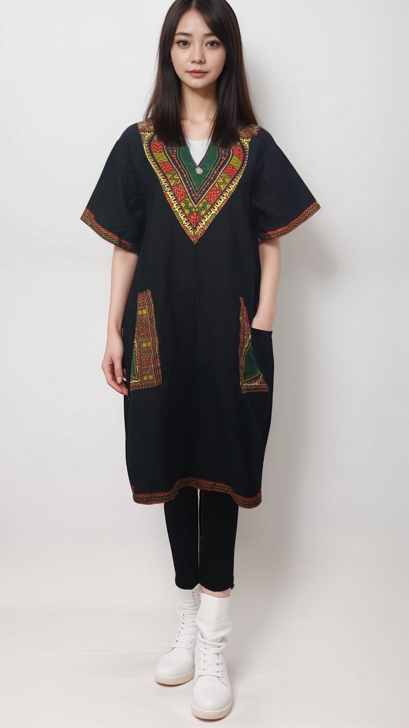 A woman in a black Daishiki shirt dress featuring beautiful embroidery, highlighting her unique fashion sense.