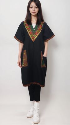 A woman in a black Daishiki shirt dress featuring beautiful embroidery, highlighting her unique fashion sense.