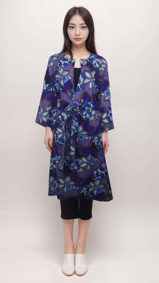 A woman wearing a vibrant purple and blue floral print coat, showcasing a stylish African print design on the sleeves.