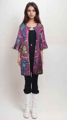 A model displays a stylish magenta jacket featuring purple and pink African prints with 3/4 sleeves