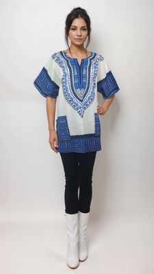 White and blue daishiki shirt dress featuring a vibrant traditional African print design.