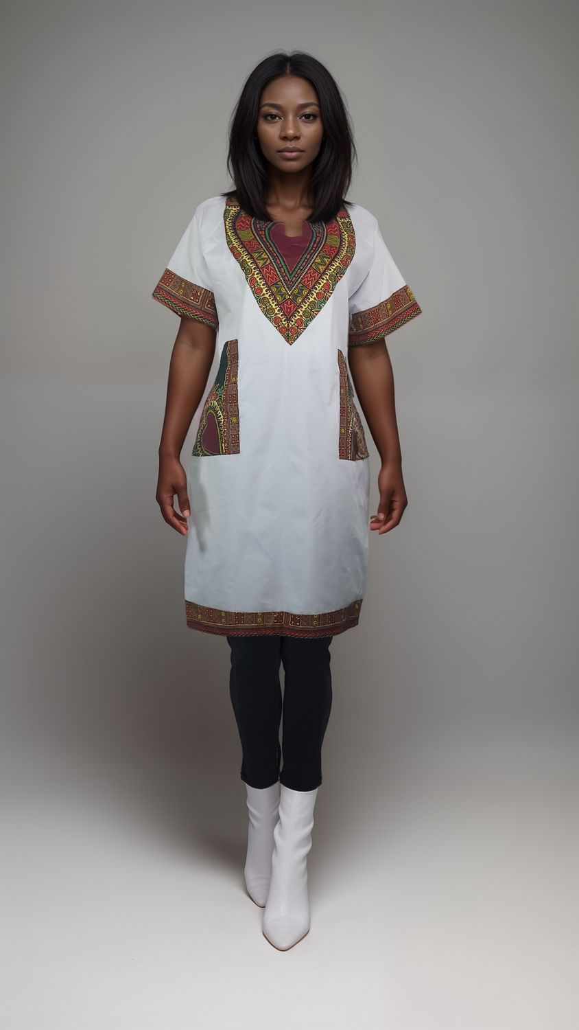A woman models a white tunic featuring vibrant ethnic designs, showcasing a stylish African print daishiki shirt dress.