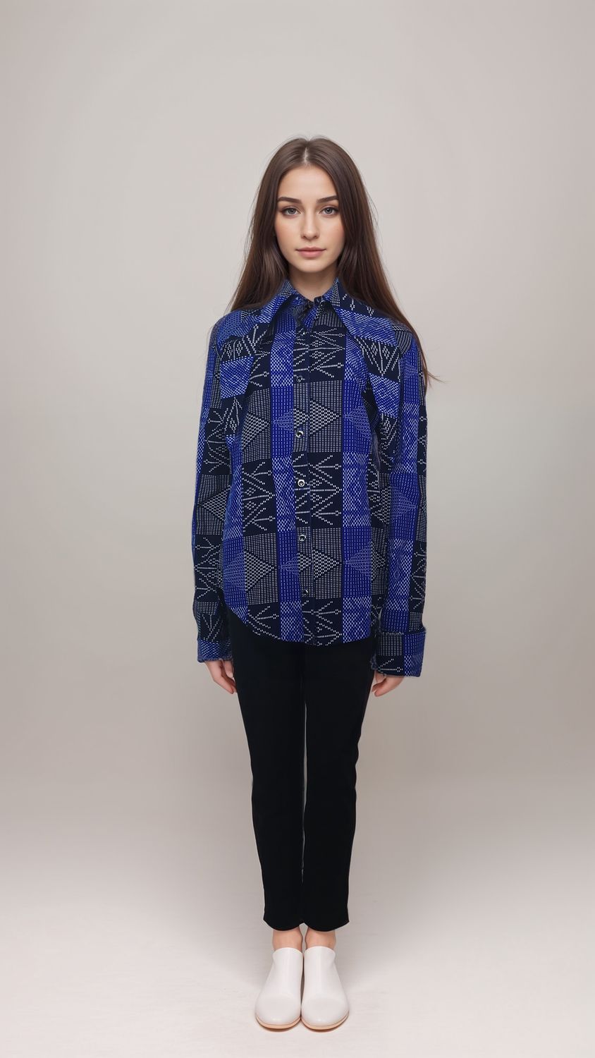 A young girl wearing a blue and black checkered shirt with a vibrant blue and violet African print long collar.