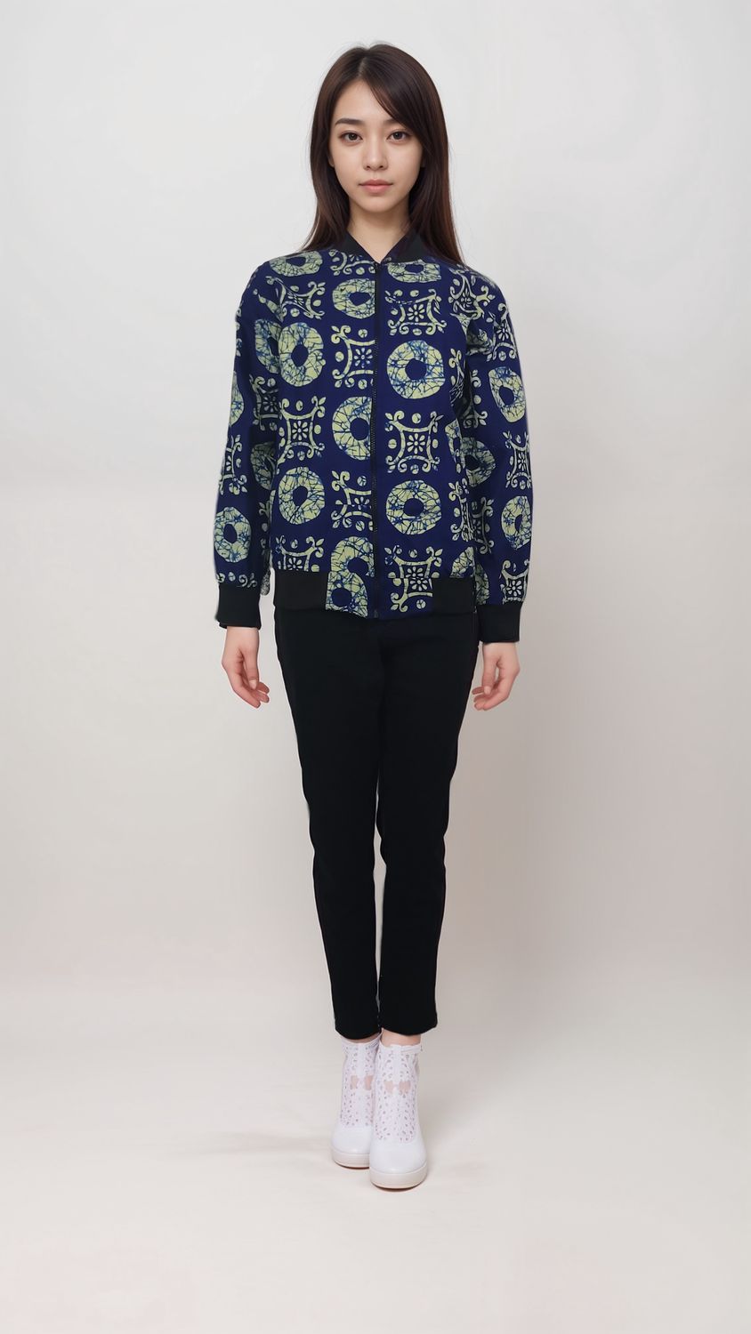 A woman showcases a blue and white African print bomber jacket with a vibrant pattern.