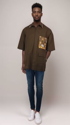  A man wearing a brown shirt and jeans stands confidently, showcasing a casual yet stylish look.