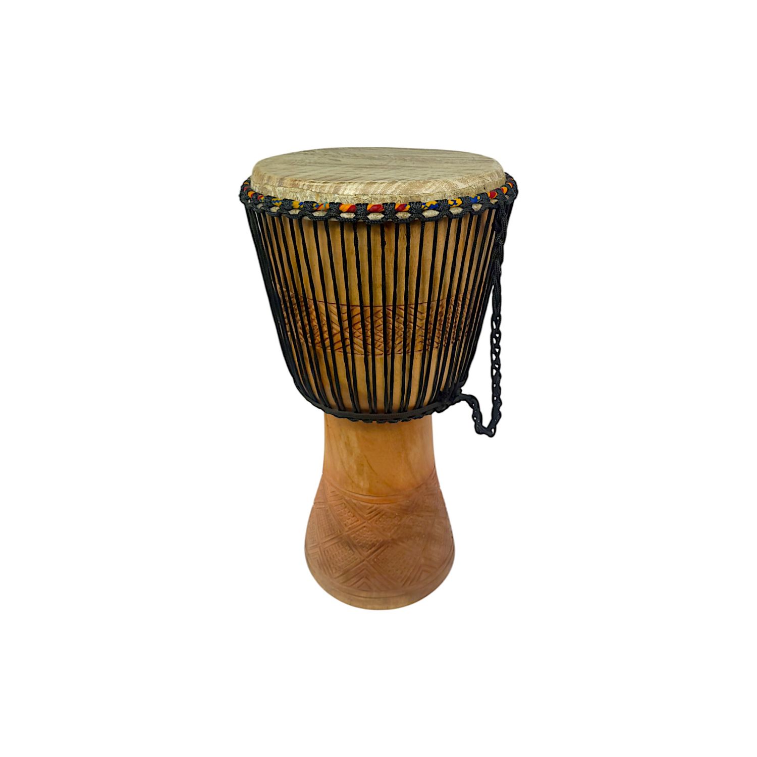 A vibrant Djembe drum featuring a wooden handle and a striking black and blue band, ready to create rhythmic sounds.