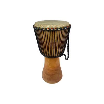A vibrant Djembe drum featuring a wooden handle and a striking black and blue band, ready to create rhythmic sounds.