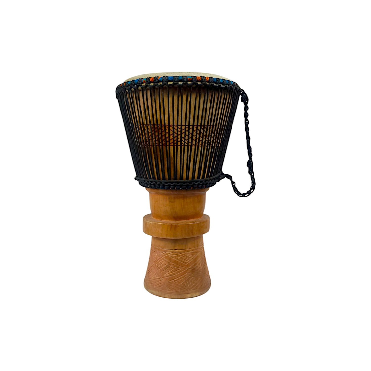 A vibrant Bougarabou drum featuring a wooden handle and a striking black and blue band, ready to create rhythmic sounds.