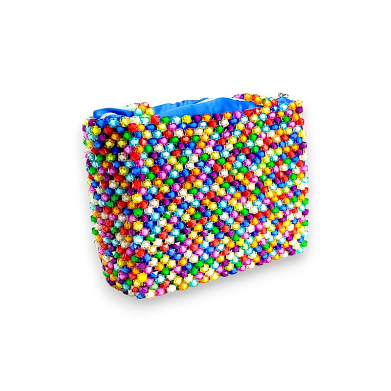 A handbag made of colorful, multicolored beads with a beaded strap and a visible blue interior lining.