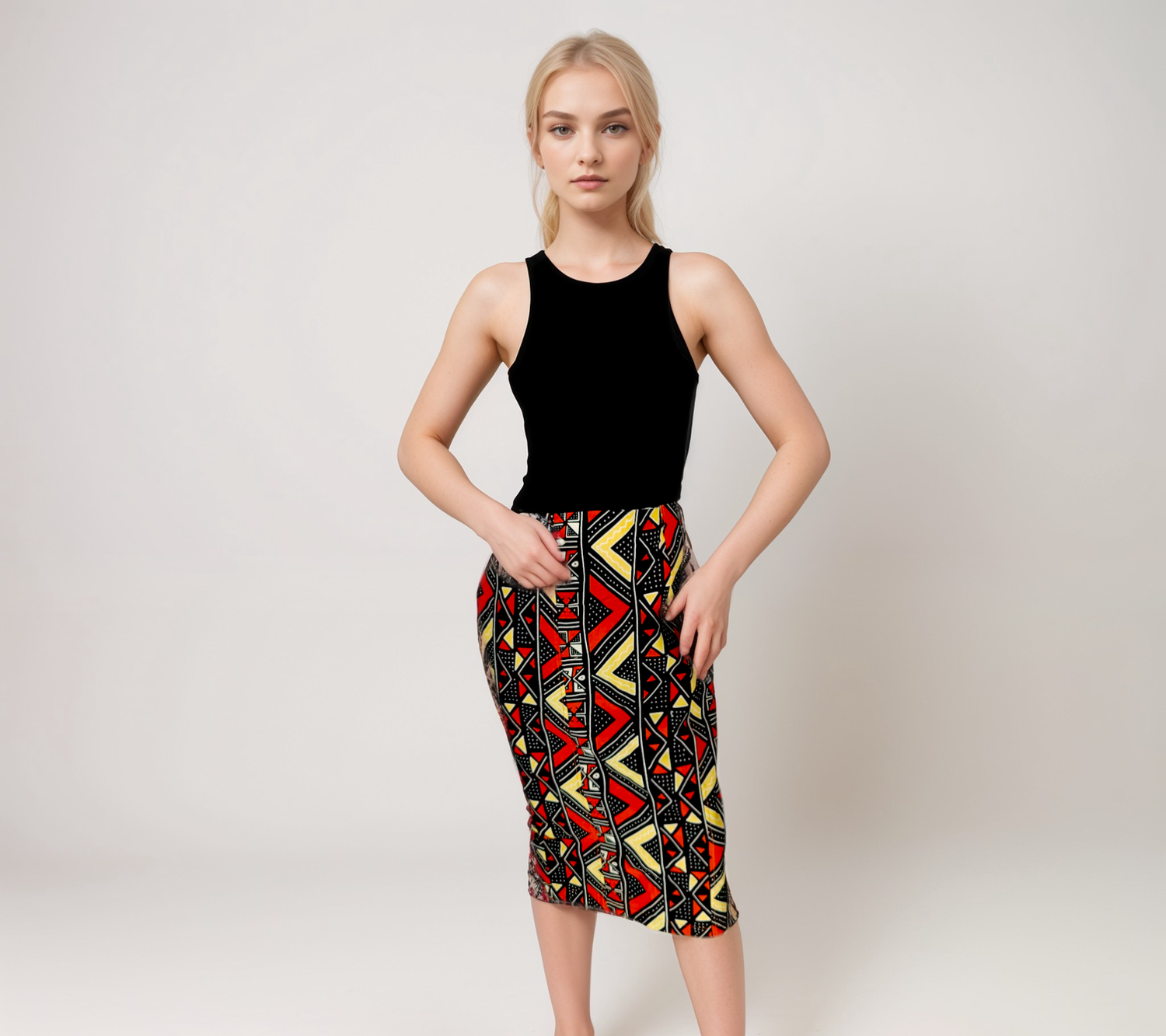 A woman in a black tank top and a colorful geometric patterned skirt poses confidently against a neutral background. Her expression is calm and assertive.