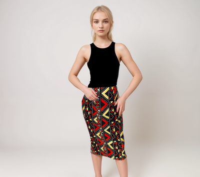 A woman in a black tank top and a colorful geometric patterned skirt poses confidently against a neutral background. Her expression is calm and assertive.