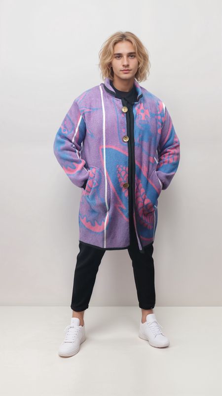 Young person with wavy blonde hair wearing a colorful abstract purple coat with pink and blue designs, black pants, and white sneakers, standing confidently.