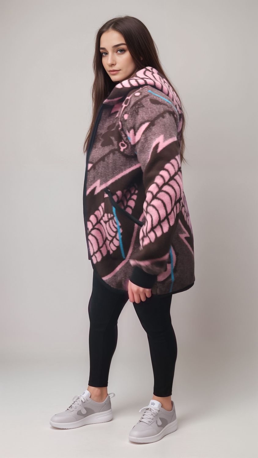 A woman with long brown hair wears a pink and brown patterned coat, black leggings, and white sneakers, standing against a plain background. She looks over her shoulder with a calm expression.
