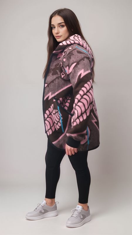 A woman with long brown hair wears a pink and brown patterned coat, black leggings, and white sneakers, standing against a plain background. She looks over her shoulder with a calm expression.