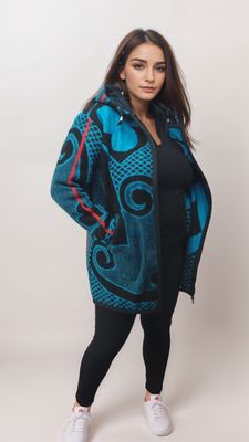 Young woman wearing a vibrant blue and black patterned jacket with red accents. She stands confidently in black leggings and white sneakers against a plain background.
