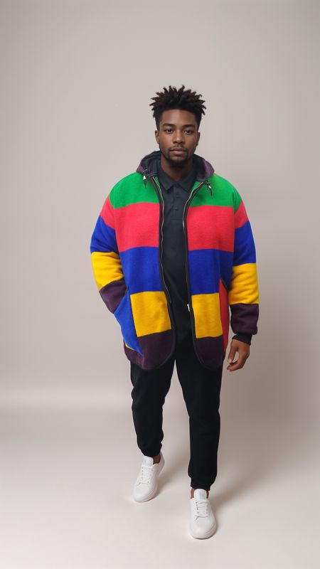 Man wearing a colorful, striped jacket in green, red, blue, yellow, and purple, with black pants and white sneakers. The tone is vibrant and casual.