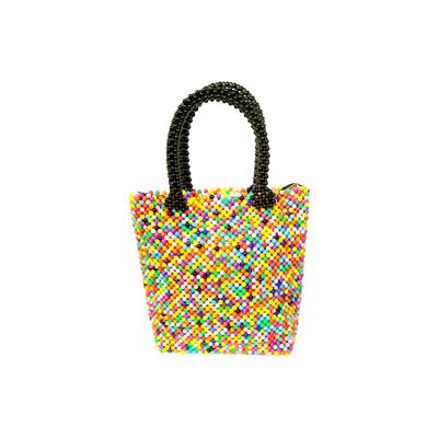 A vibrant handbag crafted from multicolored beads, featuring contrasting black beaded handles. The bag exudes a playful and artistic feel.