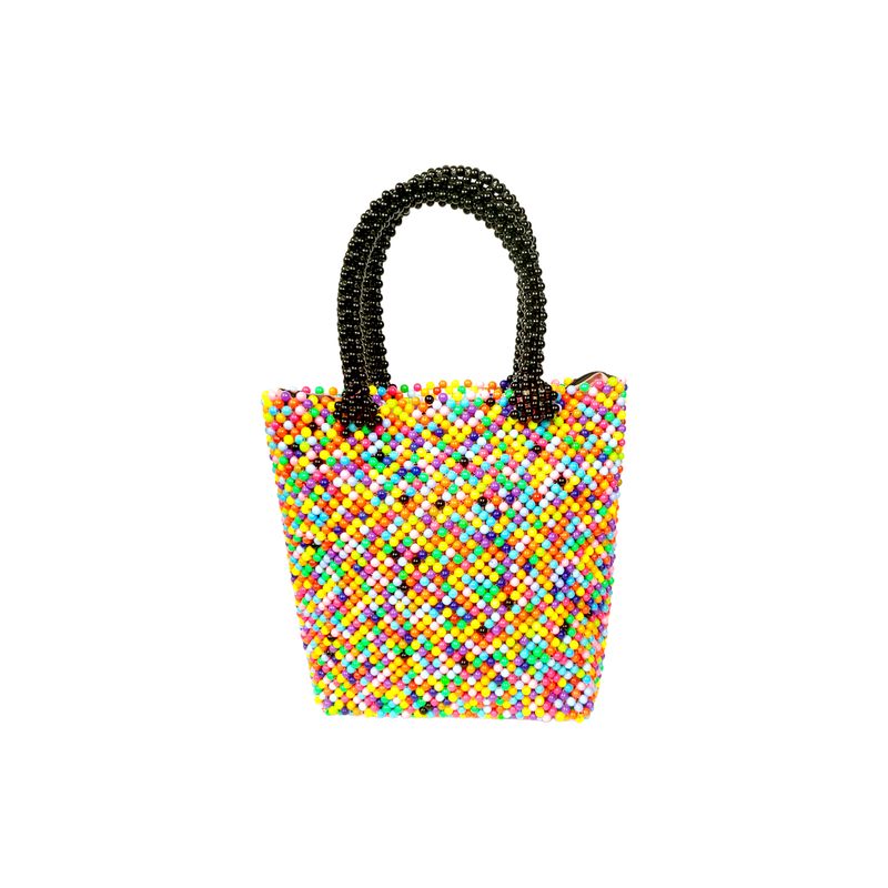 A vibrant handbag crafted from multicolored beads, featuring contrasting black beaded handles. The bag exudes a playful and artistic feel.