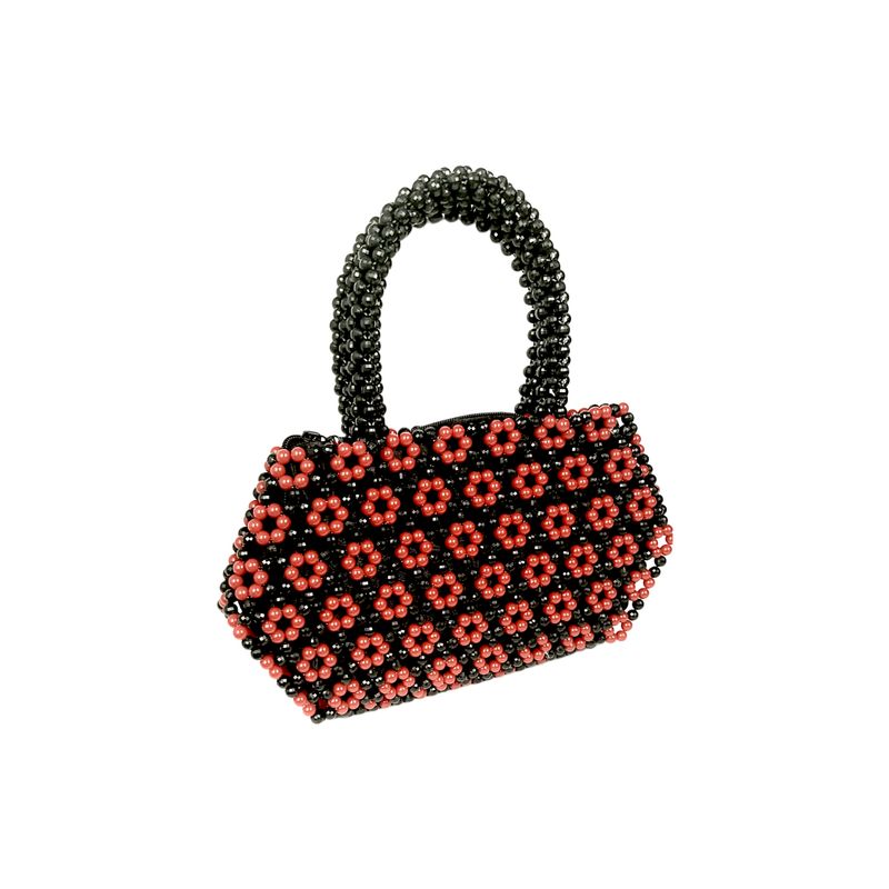 A beaded handbag with a black handle and body, adorned with a pattern of red flower-like clusters. The design is elegant and vibrant.