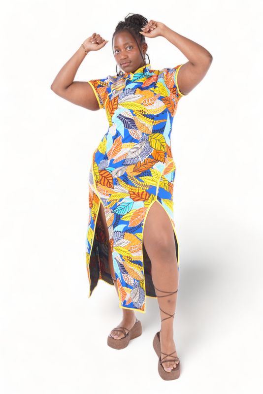 Hidden Leaf - African Print Cheongsam Dress