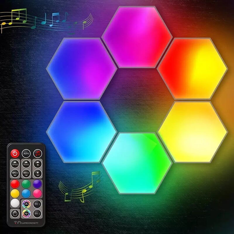 RGB Hexagon LED Light Panels (6 Pcs) with Bluetooth Remote Control- Music Sync Color Changing Light Panels