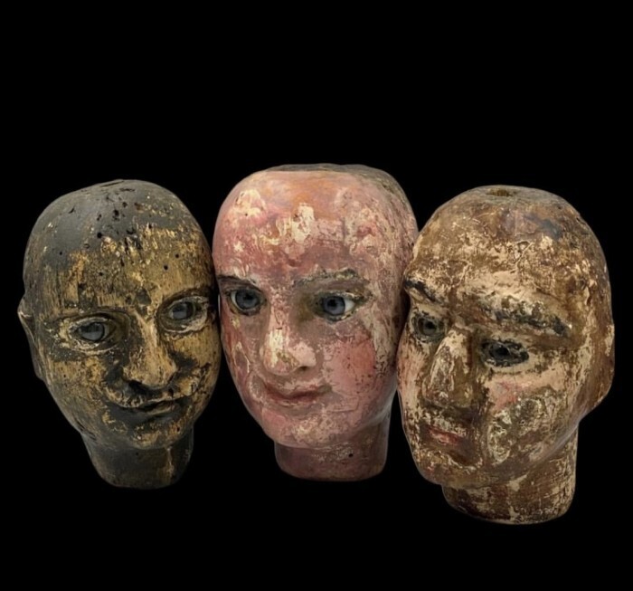 Beautiful lot of 3 wooden puppet heads with glass eyes