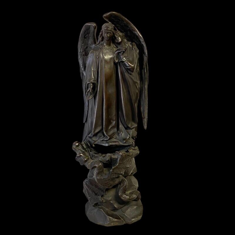 Scultura acquasantiera bronzo angelo drago, Francia XIX secolo