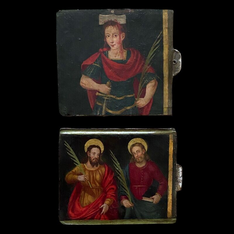 Coppia antine dipinte reliquiario santi martiri,  San Pietro da Verona e Santi Cosma e Damiano, Italia XVII/XVIII secolo