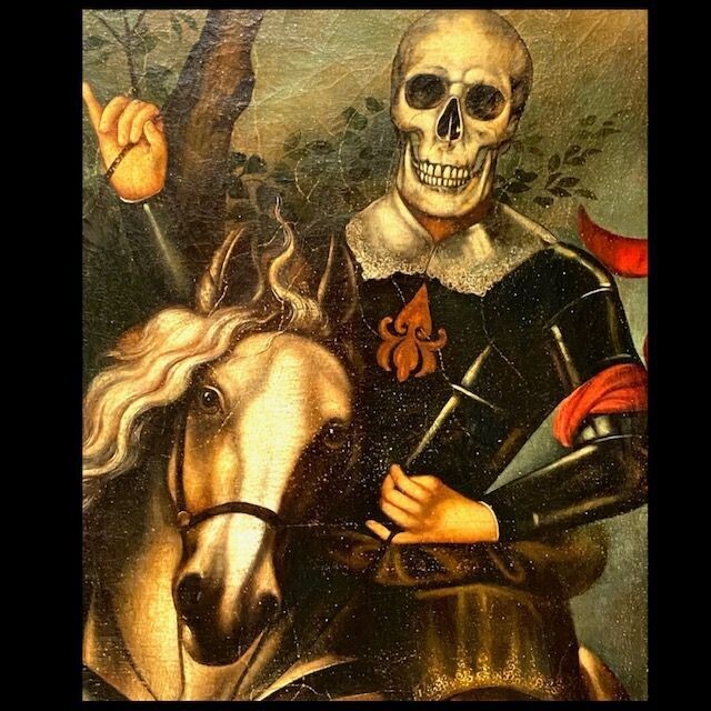 Macabre painting of knight on horseback, Spain, 19th century
