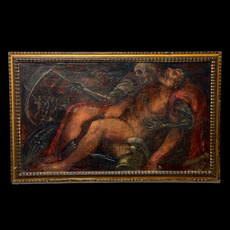 Dipinto Memento Mori  morte macabra di Achille, Italia XVII/XVIII secolo