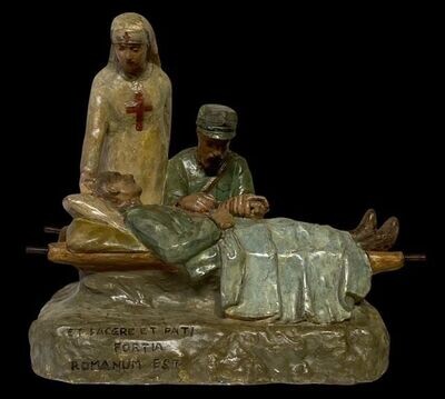 Polychrome plaster sculpture scene, First World War, Red Cross nurse, Italy 1920